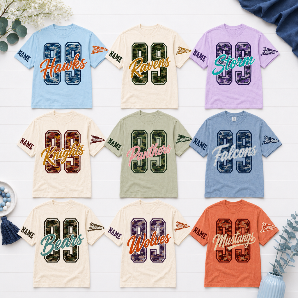 Custom School Mascot T-Shirt, Camo Varsity Game Day Spirit Apparel