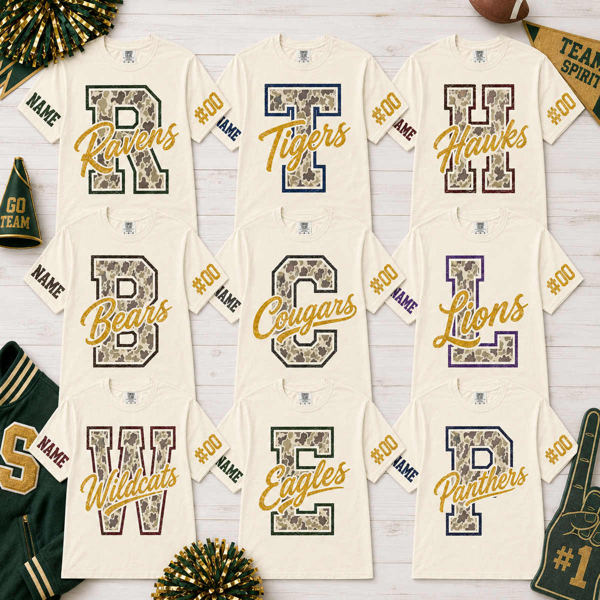 Personalized Camo Varsity Letter T-Shirt, Family School Spirit Gift