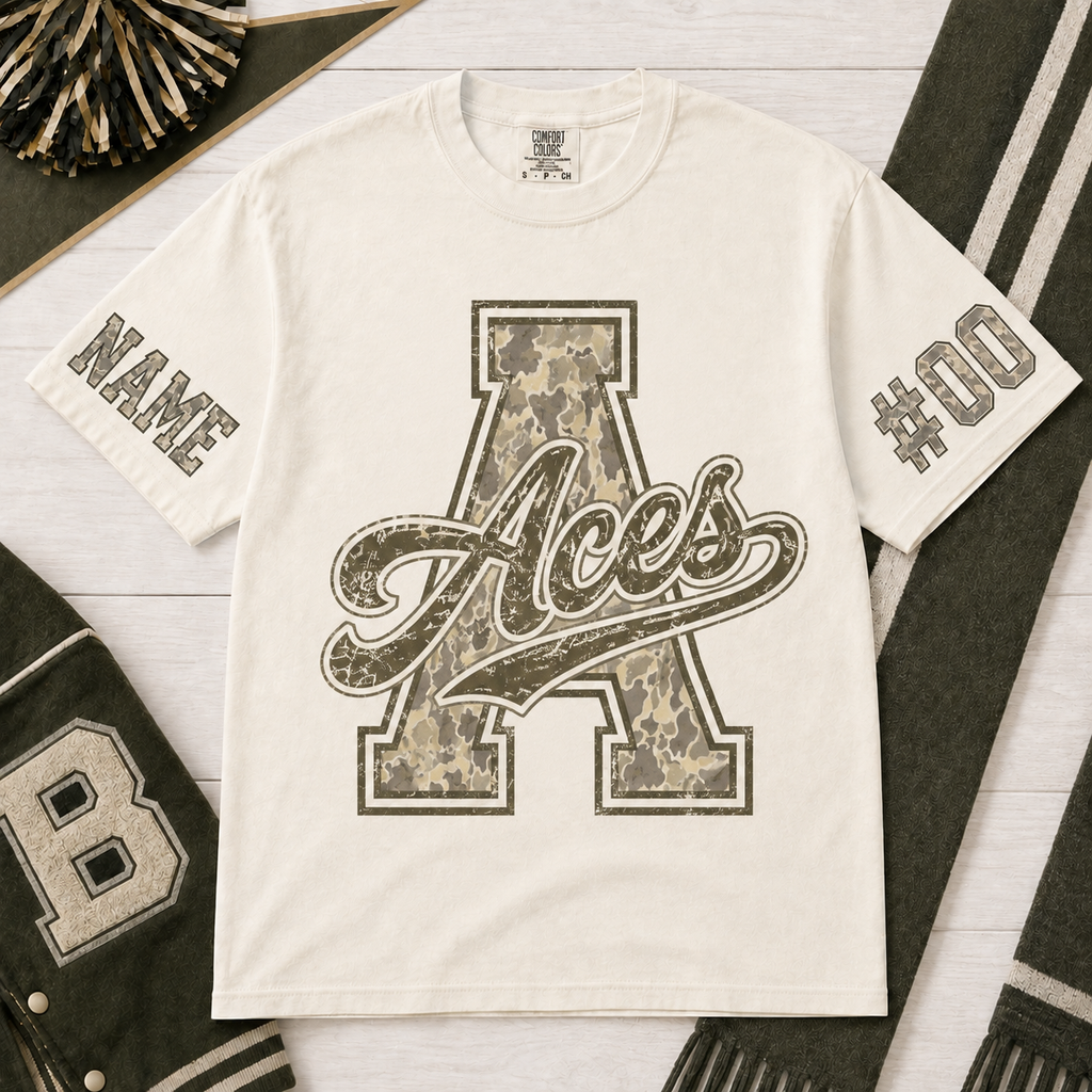 Custom Camo Mascot Graphic T-Shirt, Varsity Game Day Apparel