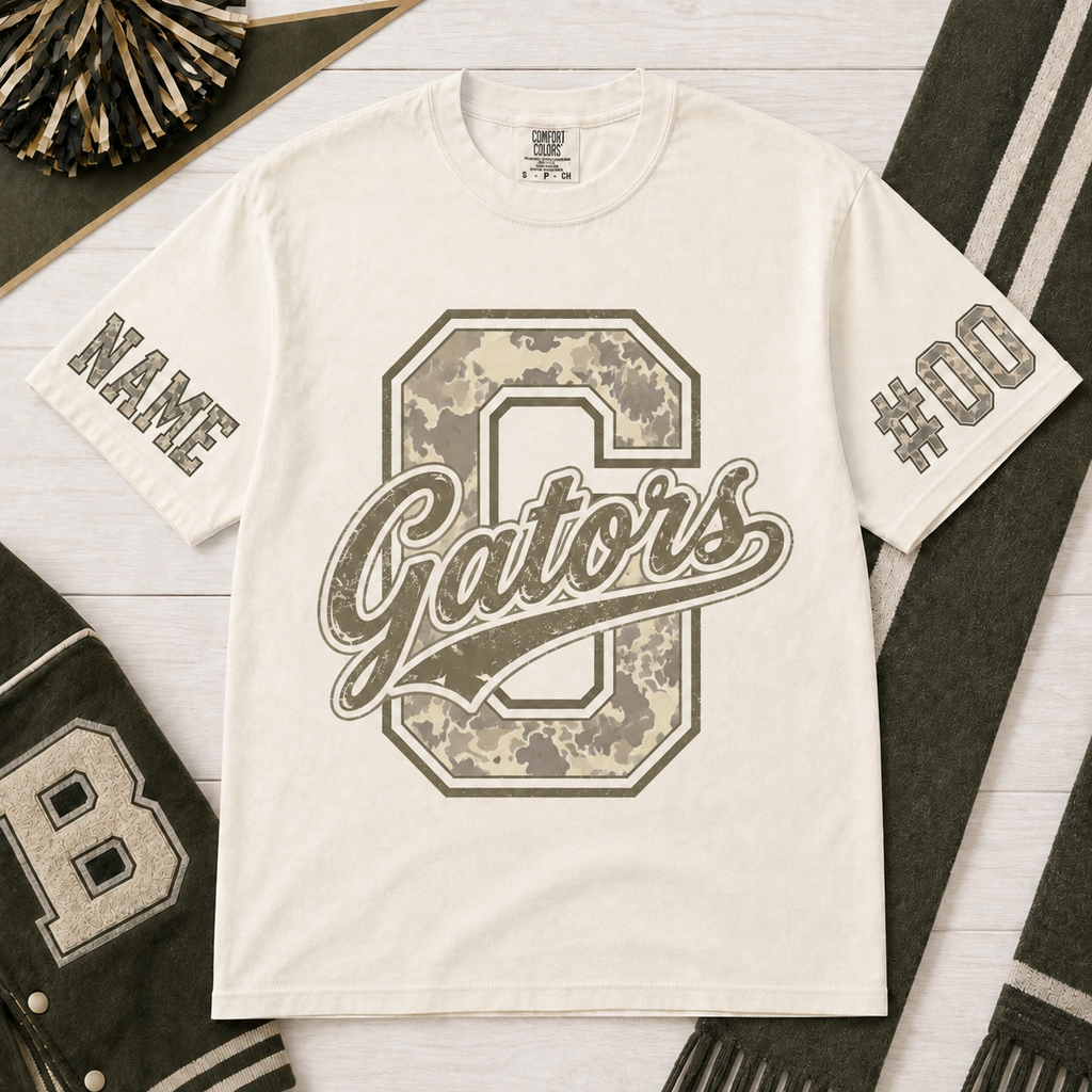 Custom Camo Mascot Graphic T-Shirt, Varsity Game Day Apparel