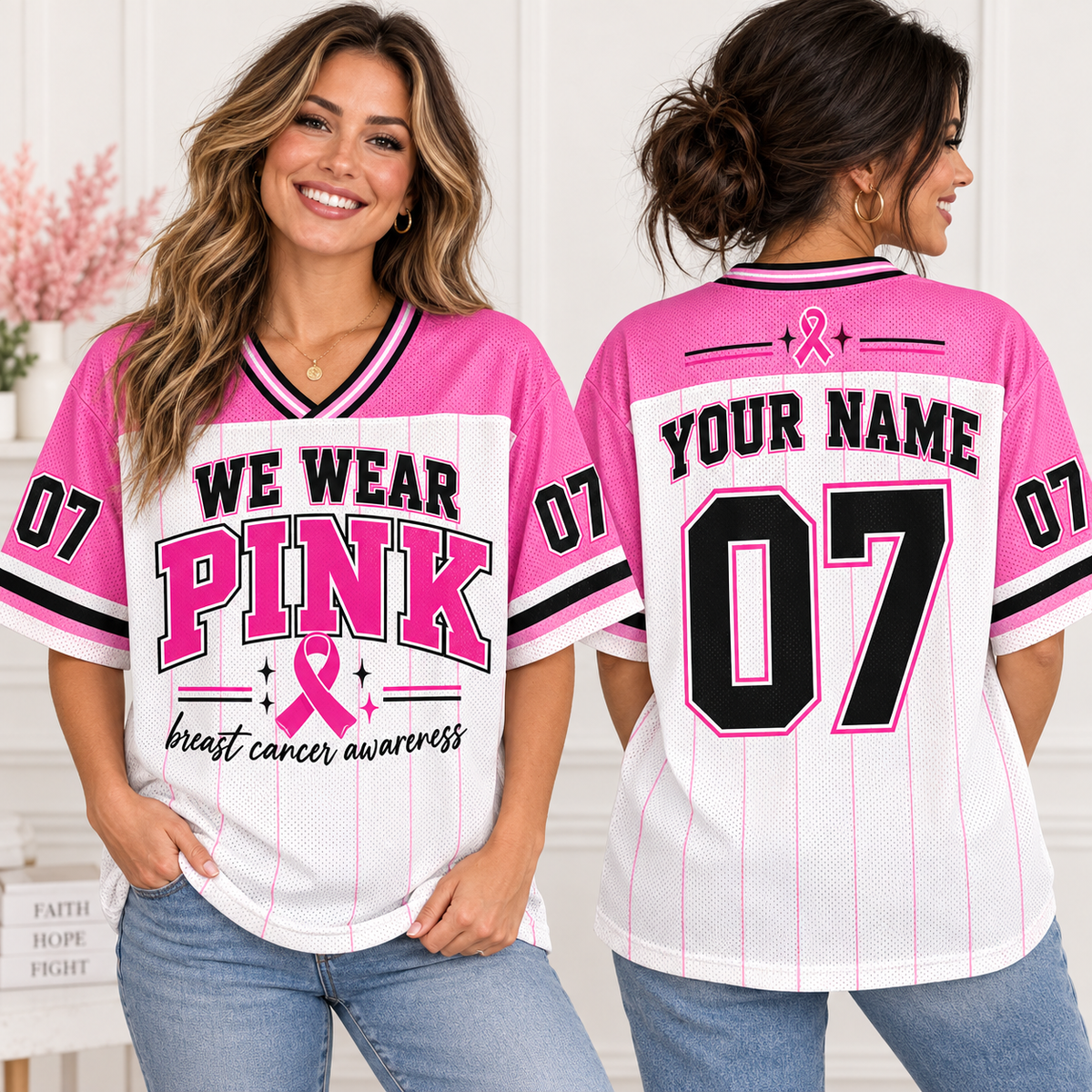 Pink Ribbon Football Jersey, Inspiring Cancer Survivor Supporter Gift - product image 2