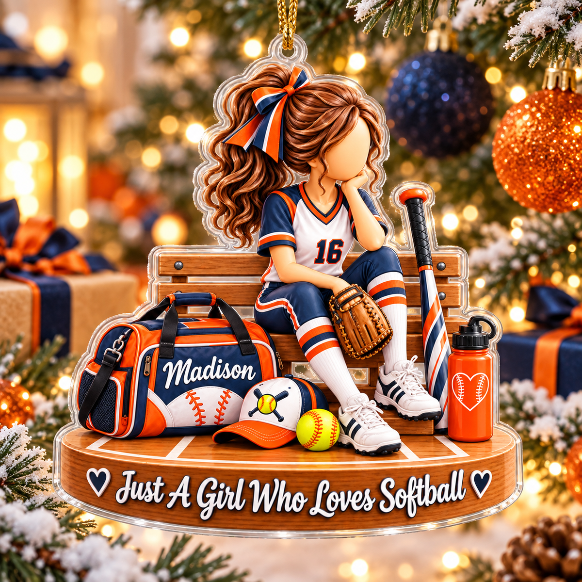 Personalized Softball Christmas Ornament for Girls, Custom Name & Number Gift