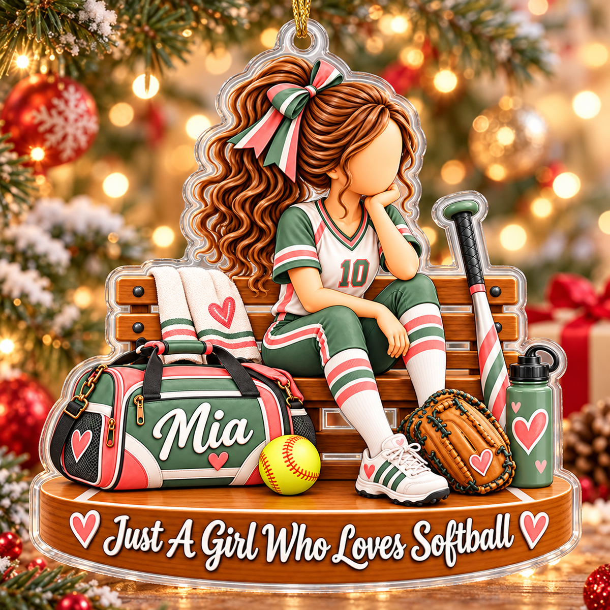 Custom Softball Player Christmas Ornament, Personalized Name & Number Girl Gift