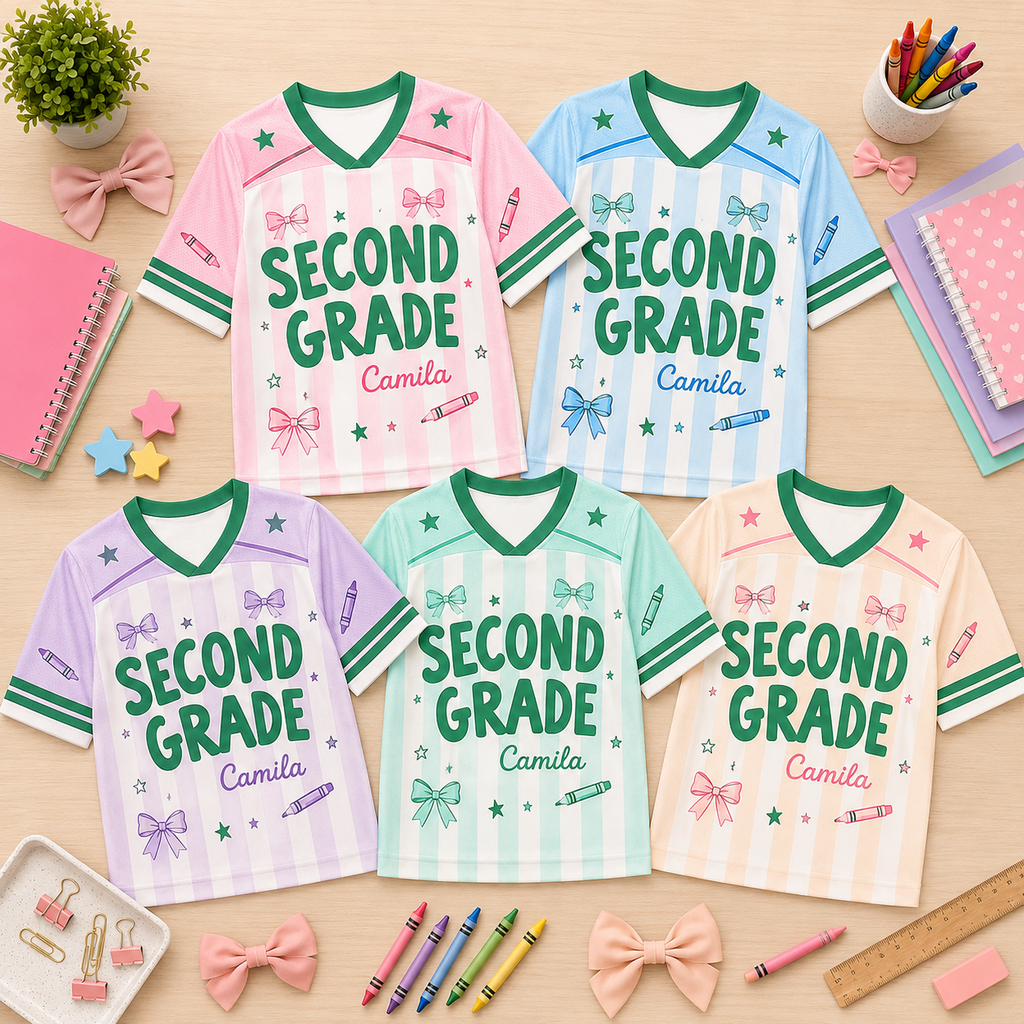 Personalized Grade Level Mesh Jersey, Custom Name Striped Bow Shirt