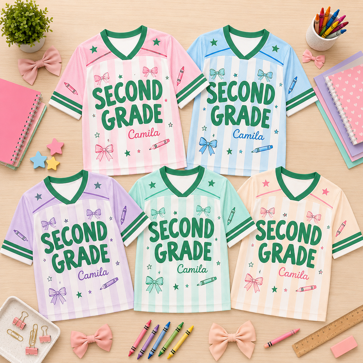 Personalized Grade Level Mesh Jersey, Custom Name Striped Bow Shirt