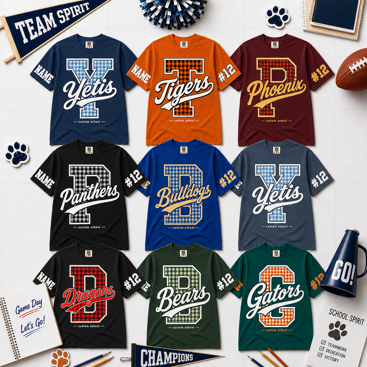 Custom Plaid Mascot T-Shirt, School Spirit Game Day Gift