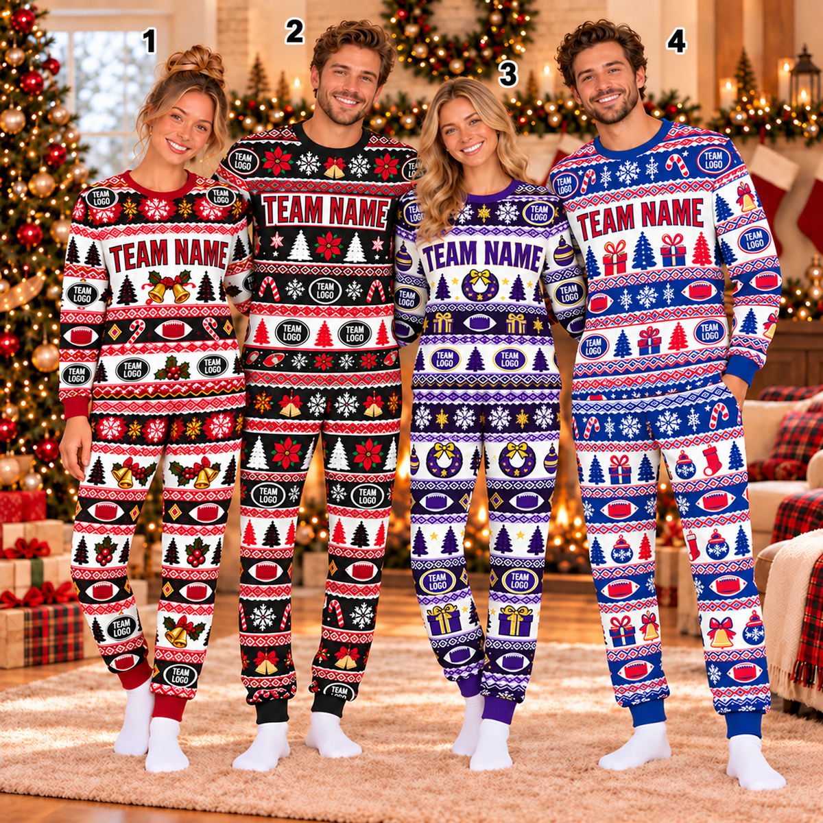 Custom Team Logo Football Christmas Pajamas, Matching Family Christmas Pajama Set
