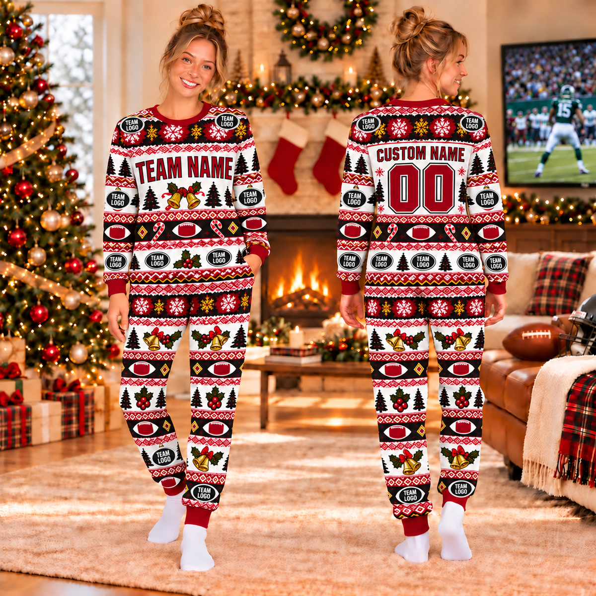 Custom Team Logo Football Christmas Pajamas, Matching Family Christmas Pajama Set