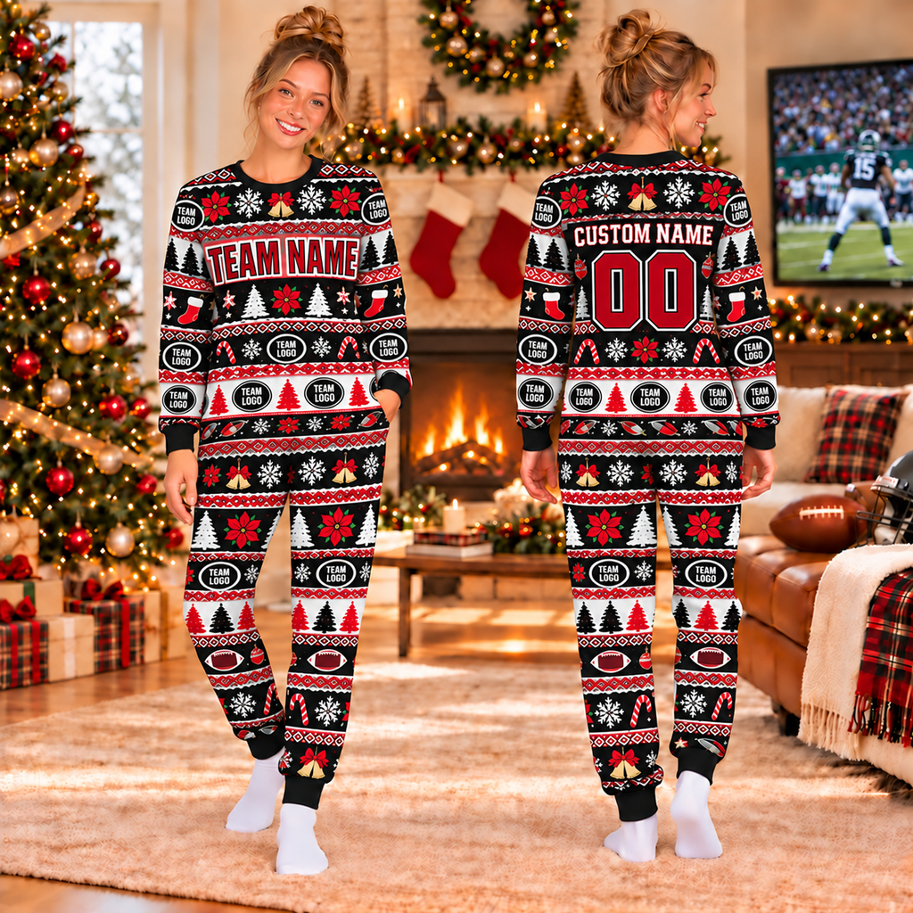Custom Team Logo Football Christmas Pajamas, Matching Family Christmas Pajama Set