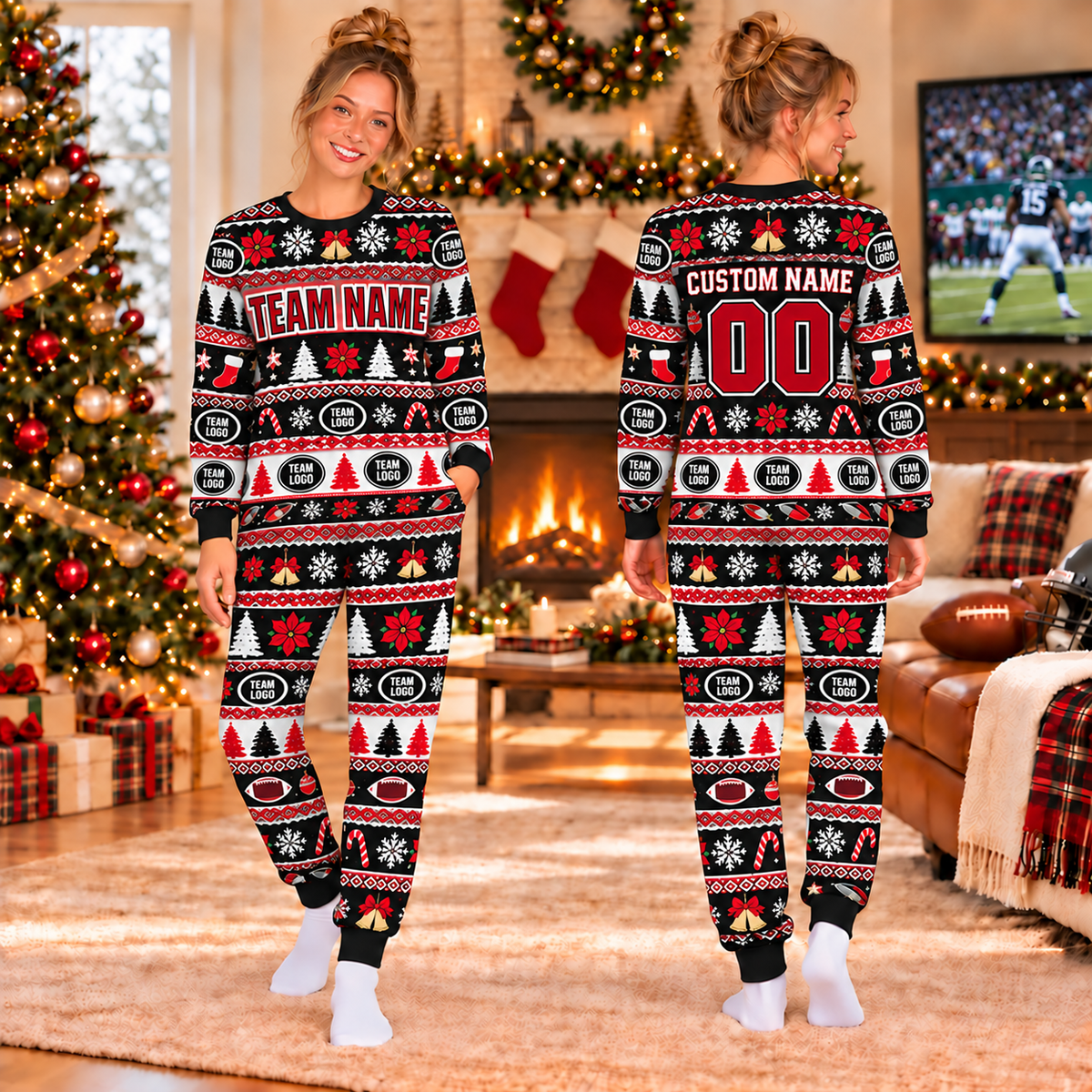 Custom Team Logo Football Christmas Pajamas, Matching Family Christmas Pajama Set