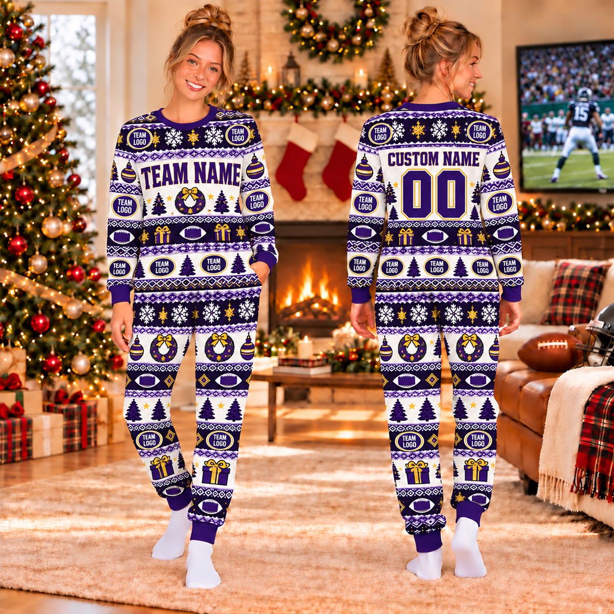 Custom Team Logo Football Christmas Pajamas, Matching Family Christmas Pajama Set