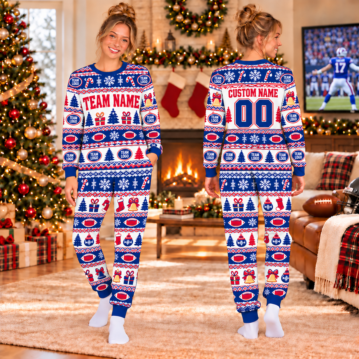 Custom Team Logo Football Christmas Pajamas, Matching Family Christmas Pajama Set
