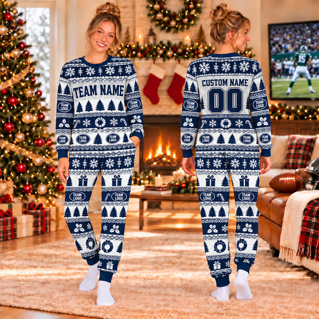 Custom Football Christmas Pajamas, Custom Team Spirit Holiday Sleepwear