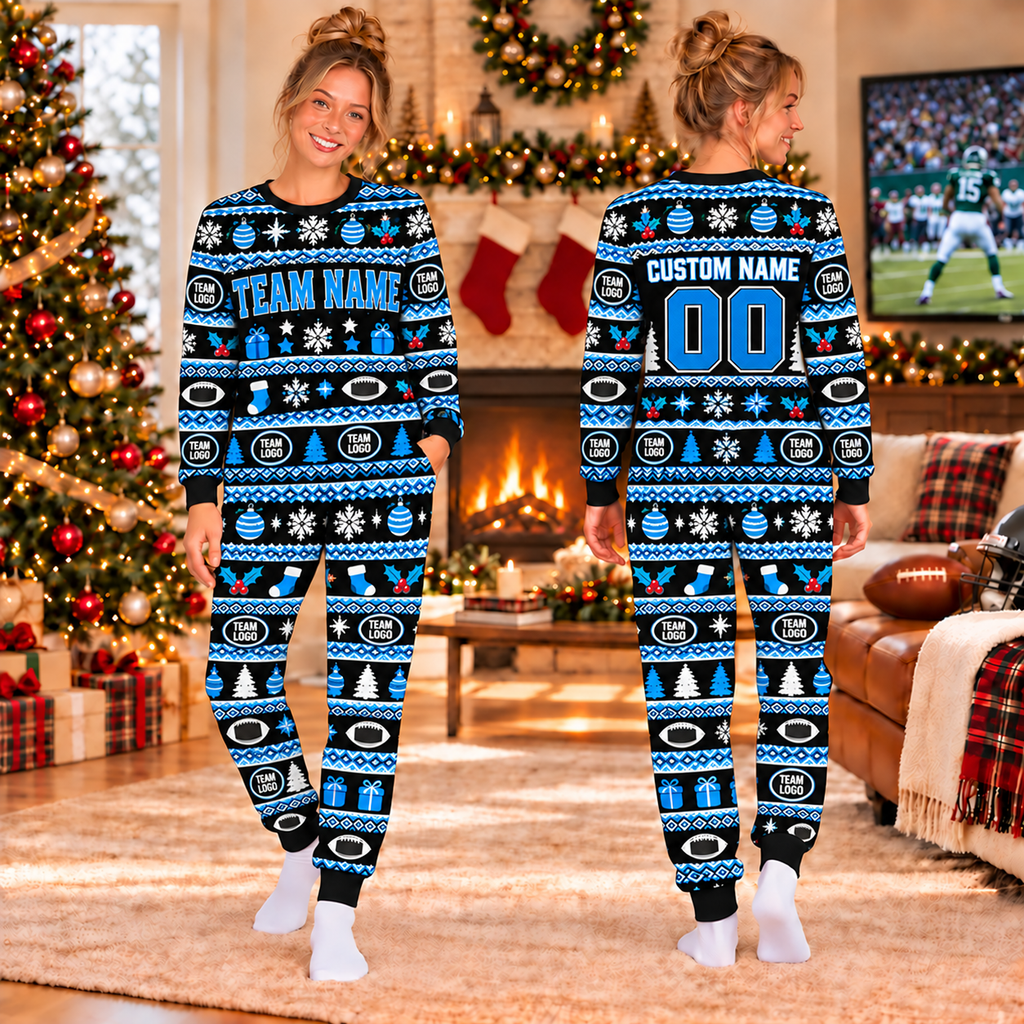 Custom Football Christmas Pajamas, Custom Team Spirit Holiday Sleepwear