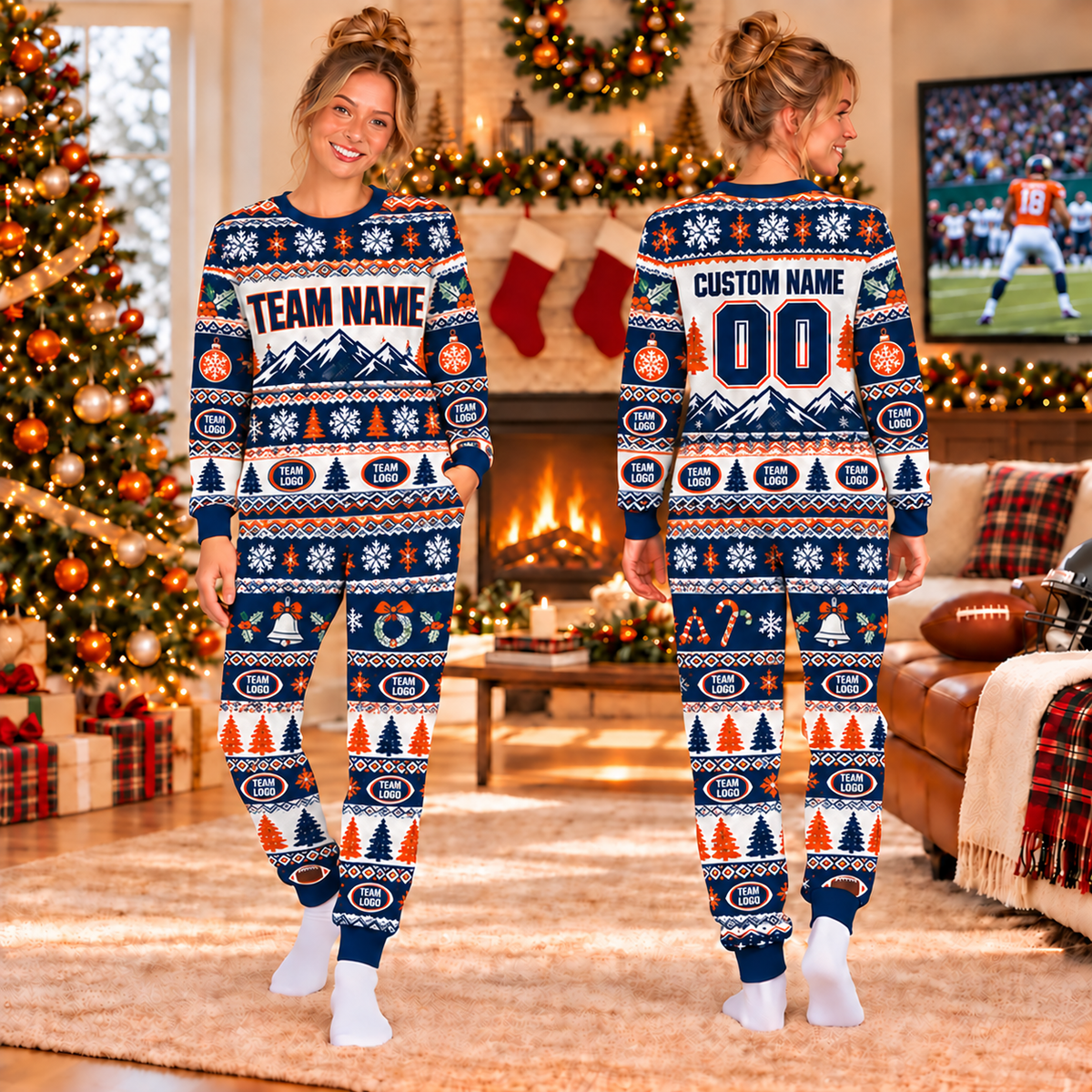 Custom Team Logo Christmas Pajamas, Matching Family Game Day Sleepwear