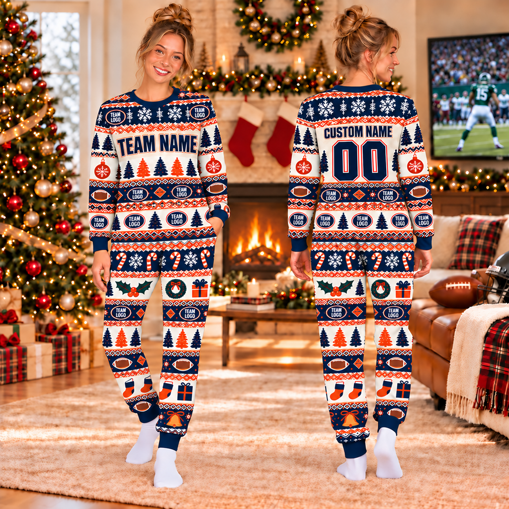 Custom Team Logo Christmas Pajamas, Matching Family Game Day Sleepwear