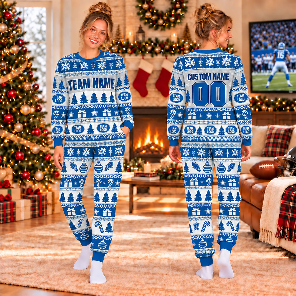 Custom Team Logo Christmas Pajamas, Matching Family Game Day Sleepwear