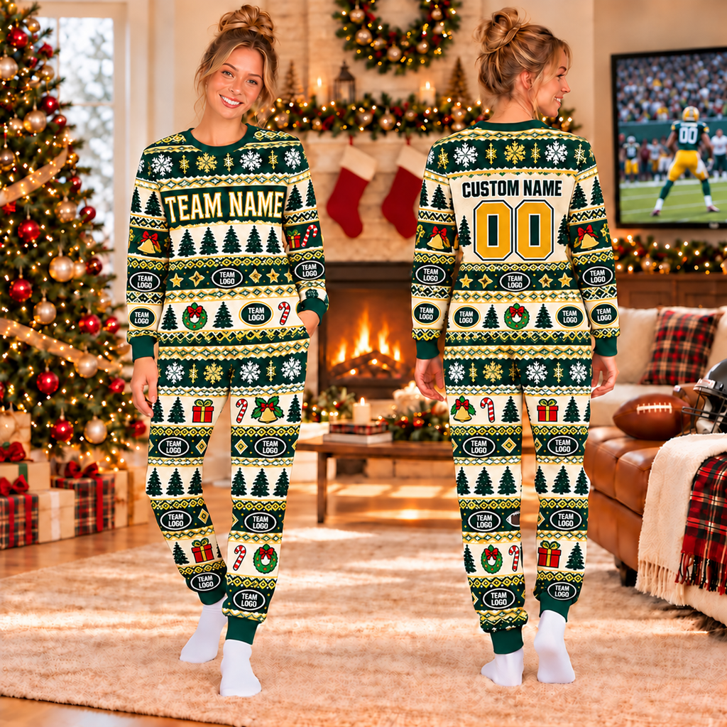 Custom Football Jersey Christmas Pajamas, Custom Team Name & Logo Holiday Pajamas