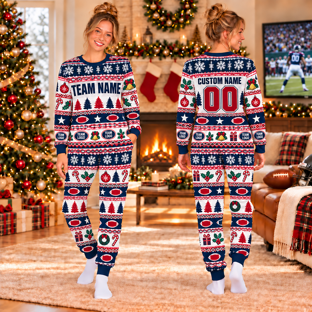 Custom Football Jersey Christmas Pajamas, Custom Team Name & Logo Holiday Pajamas
