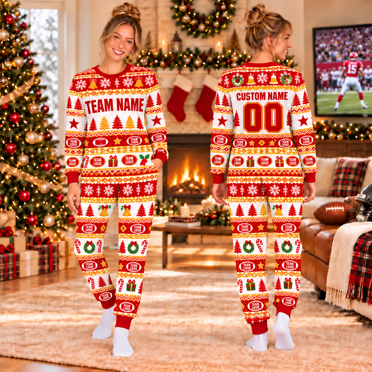 Custom Football Jersey Christmas Pajamas, Custom Team Name & Logo Holiday Pajamas