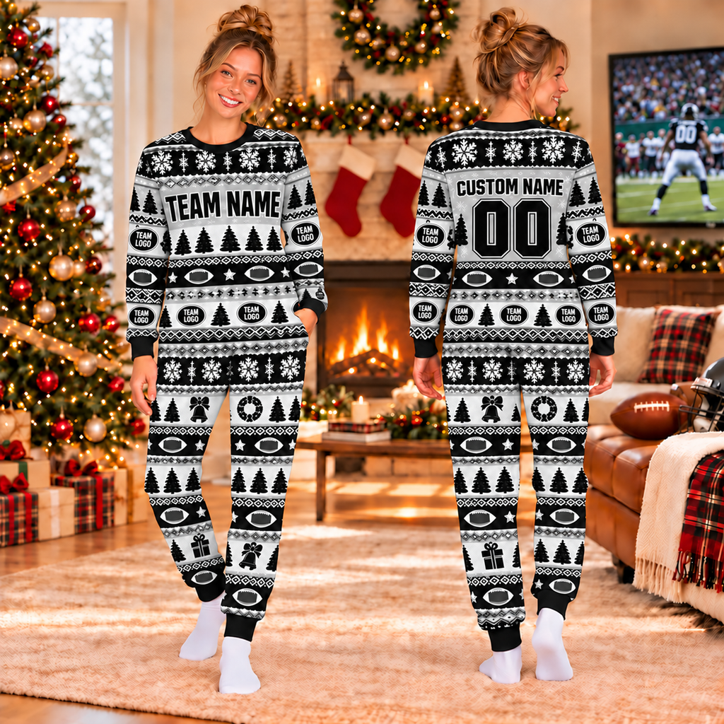 Custom Football Jersey Christmas Pajamas, Custom Team Name & Logo Holiday Pajamas