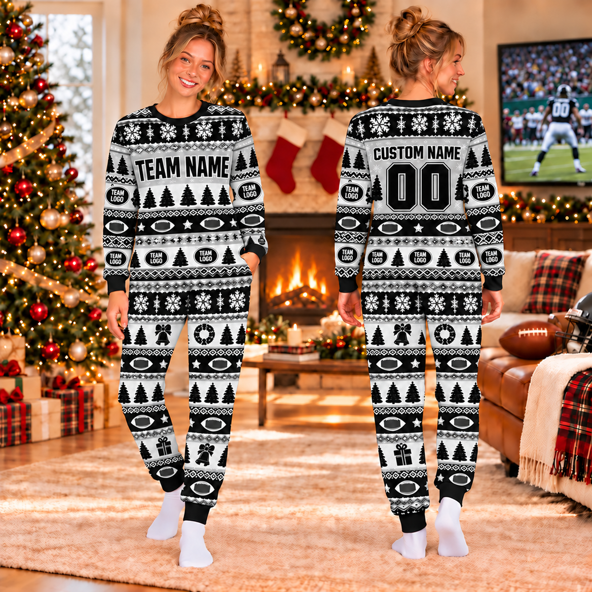 Custom Football Jersey Christmas Pajamas, Custom Team Name & Logo Holiday Pajamas