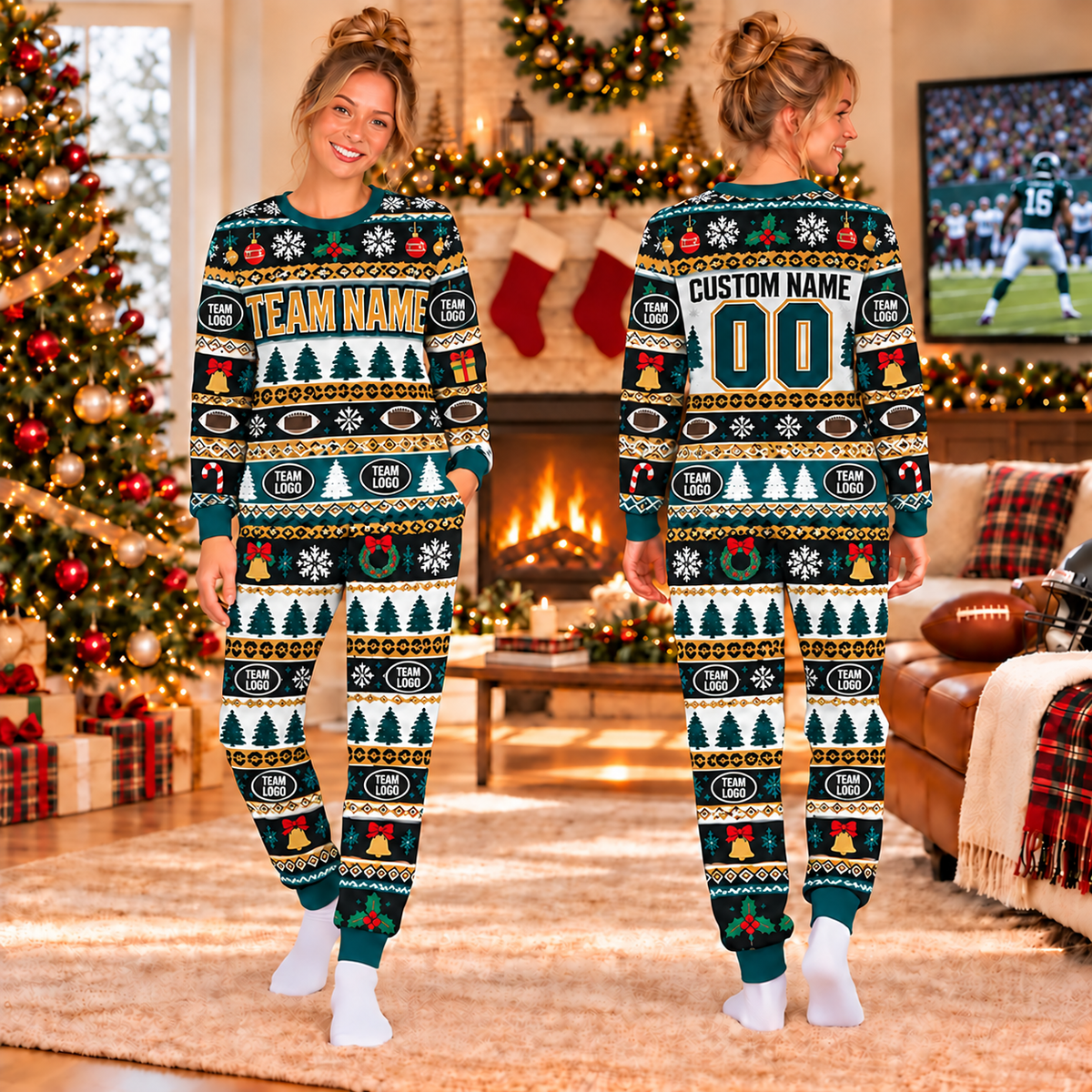 Custom School Spirit Football Christmas Pajamas, Matching Holiday Sleepwear for Football Fans