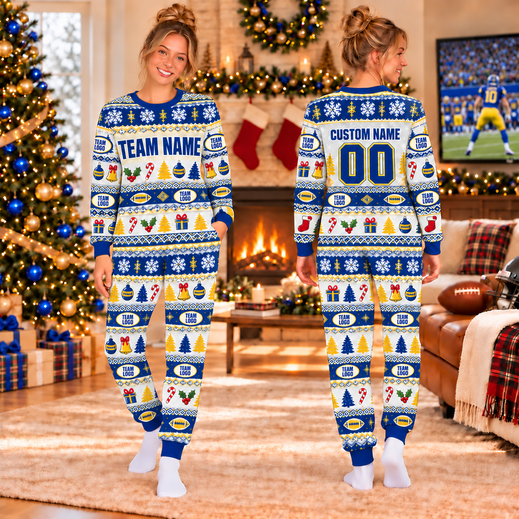 Custom School Spirit Football Christmas Pajamas, Matching Holiday Sleepwear for Football Fans