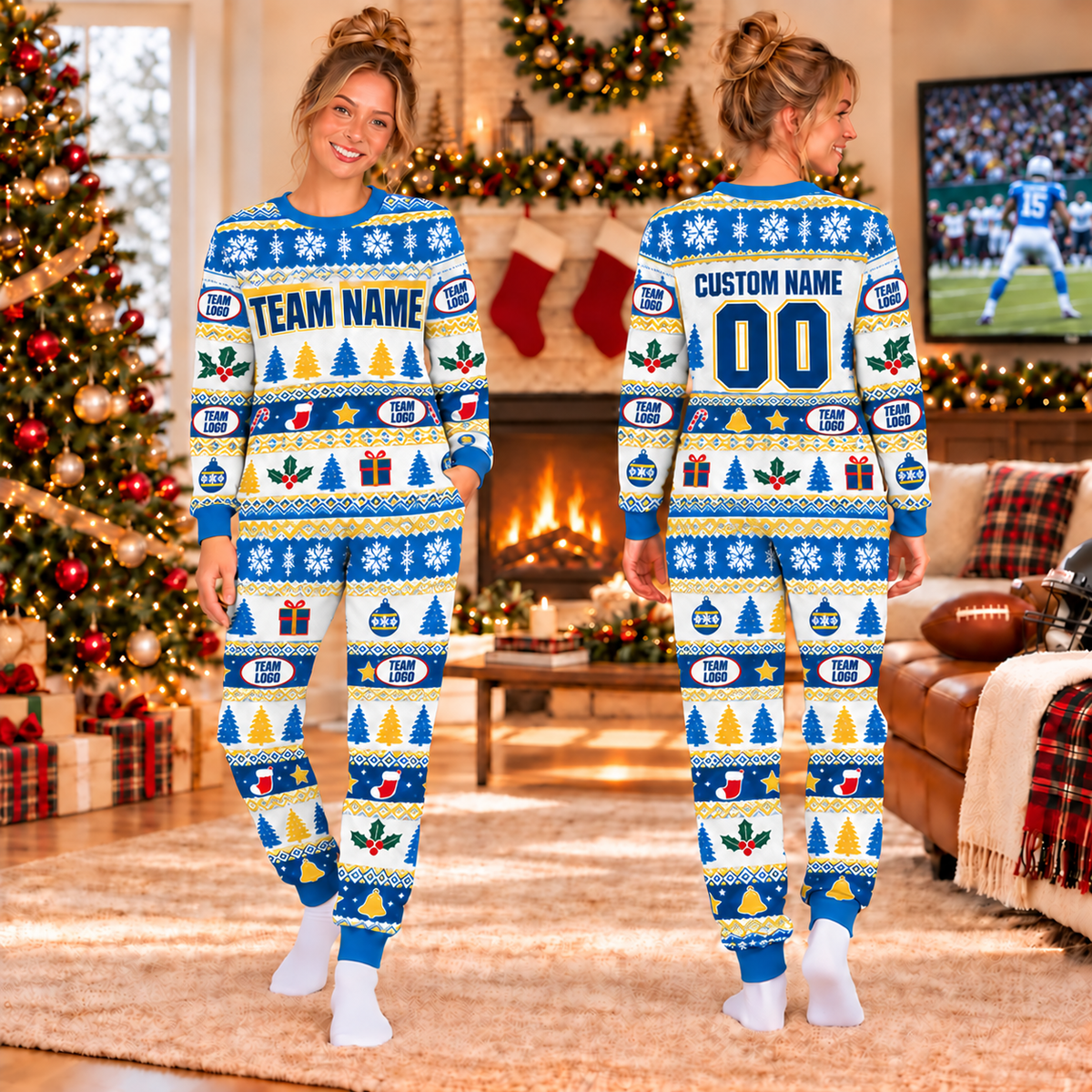 Custom School Spirit Football Christmas Pajamas, Matching Holiday Sleepwear for Football Fans
