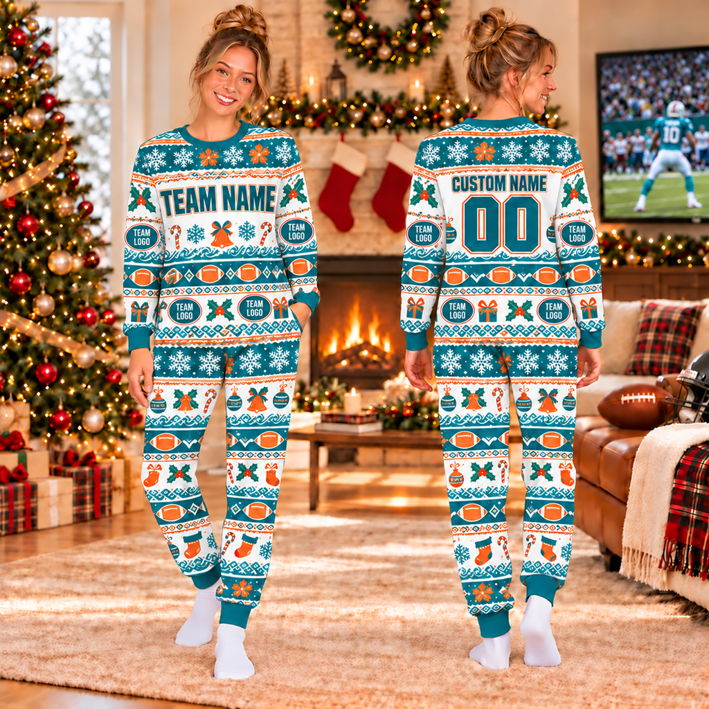 Custom School Spirit Football Christmas Pajamas, Matching Holiday Sleepwear for Football Fans