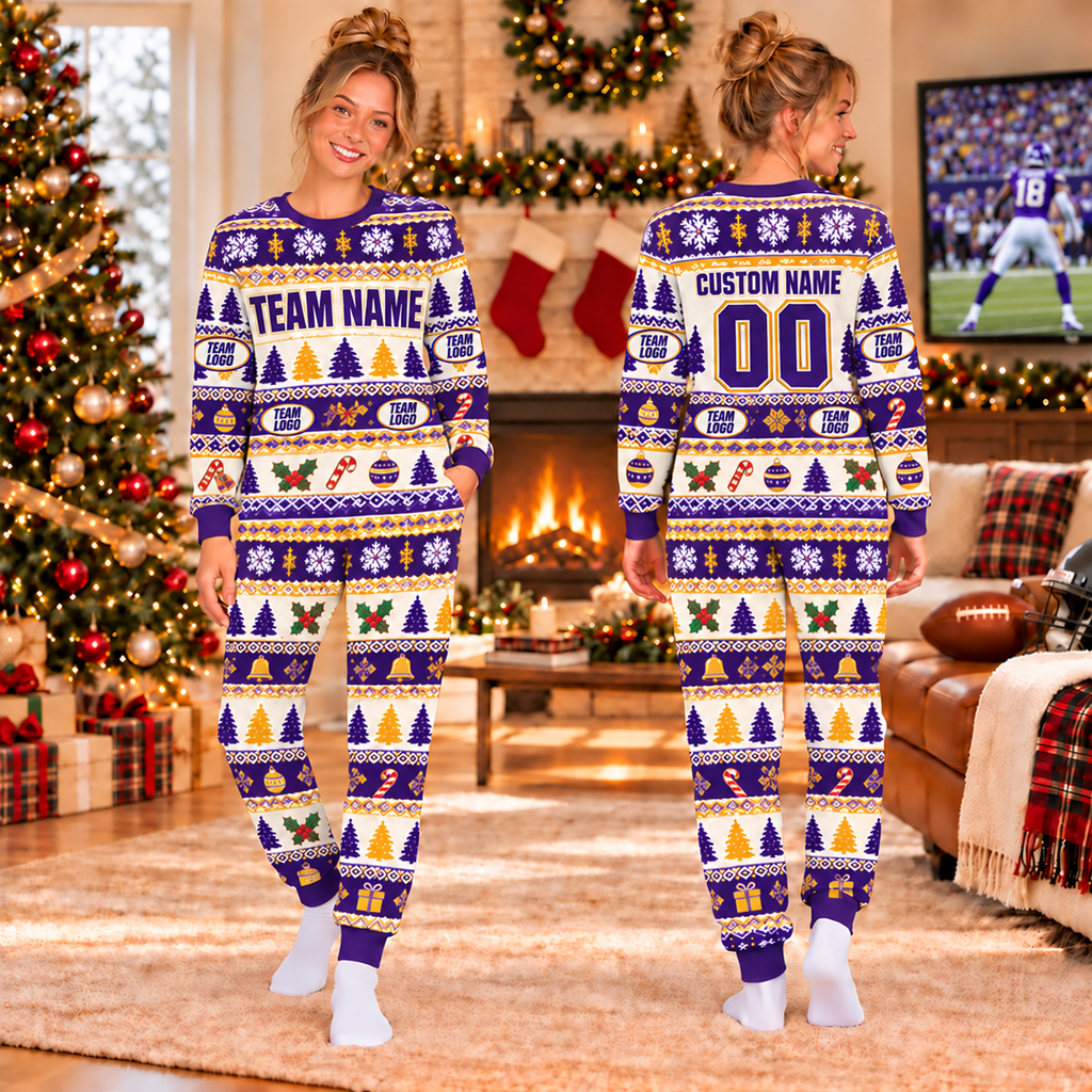 Personalized Football Christmas Pajamas, Custom Team Fan Holiday Lounge Set