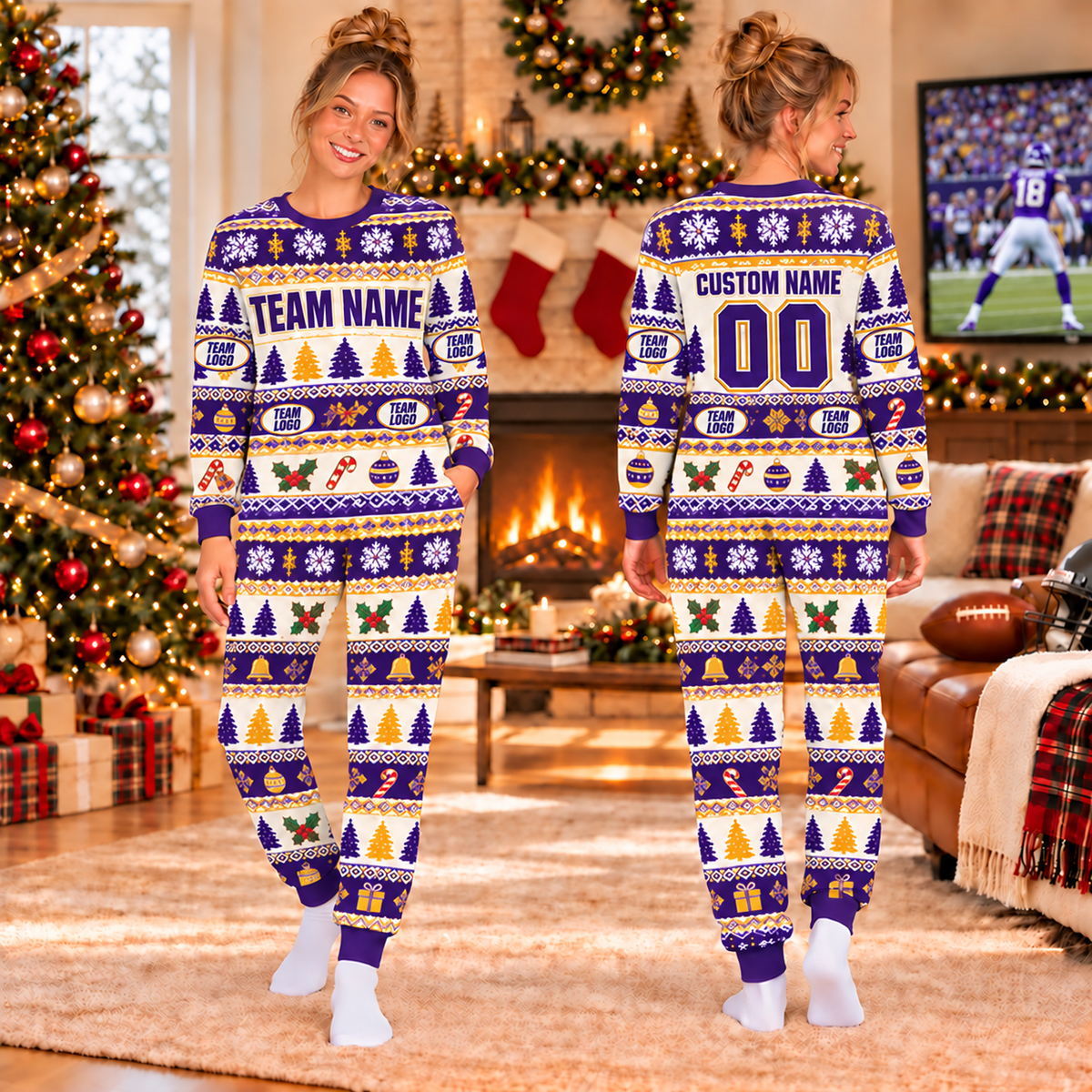 Personalized Football Christmas Pajamas, Custom Team Fan Holiday Lounge Set