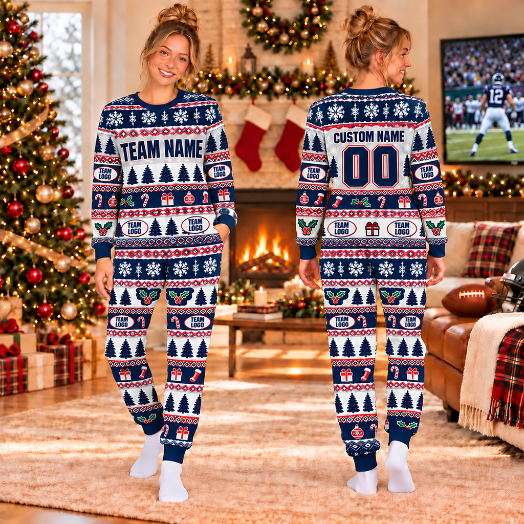 Personalized Football Christmas Pajamas, Custom Team Fan Holiday Lounge Set