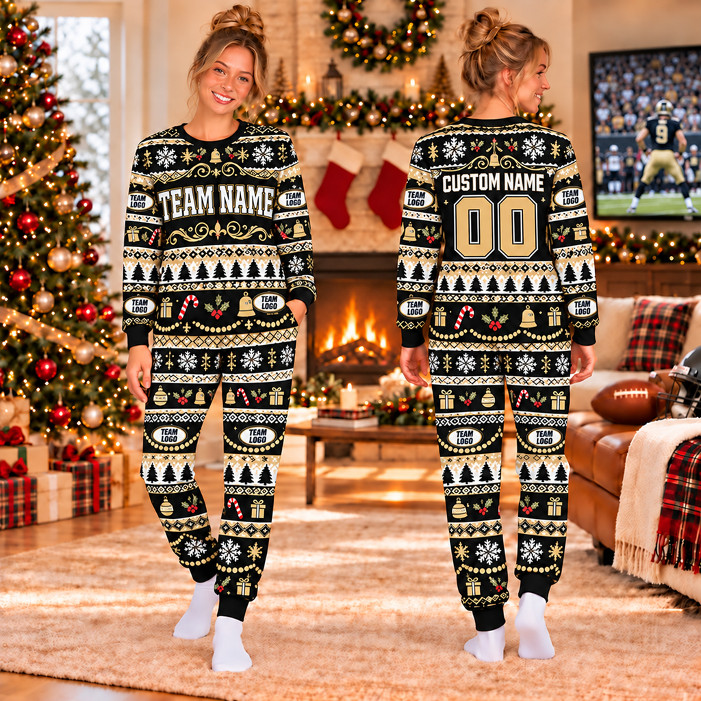 Personalized Football Christmas Pajamas, Custom Team Fan Holiday Lounge Set