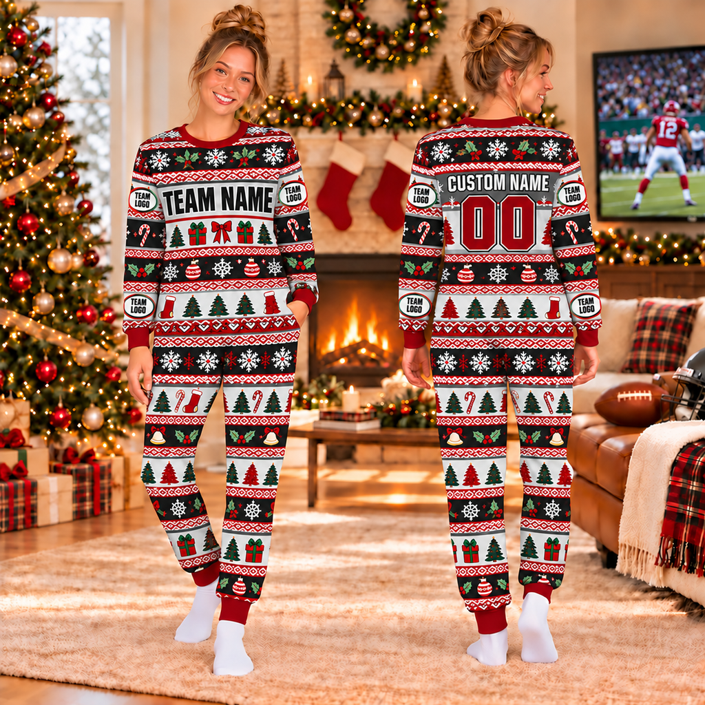 Custom Football Jersey Christmas Pajamas, Matching Team Holiday Sleepwear
