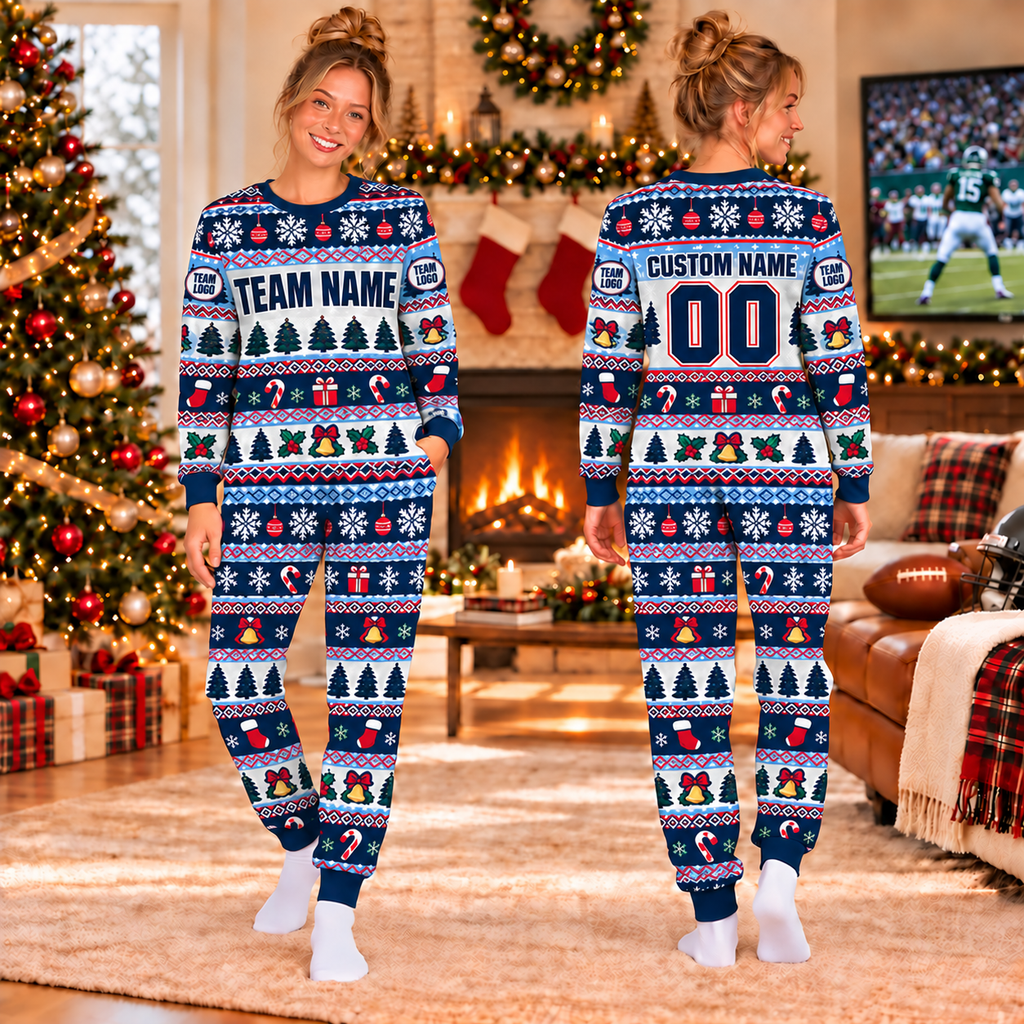 Custom Football Jersey Christmas Pajamas, Matching Team Holiday Sleepwear
