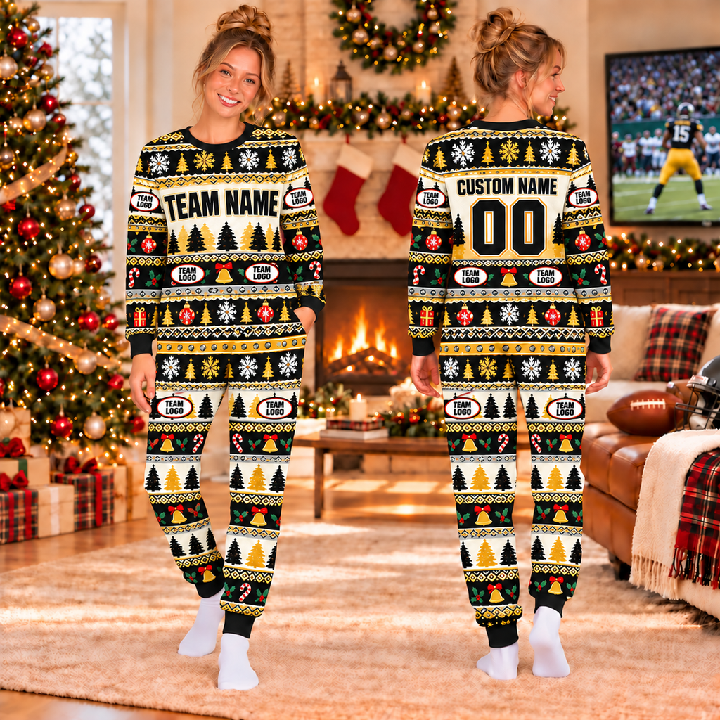 Custom Football Jersey Christmas Pajamas, Matching Team Holiday Sleepwear