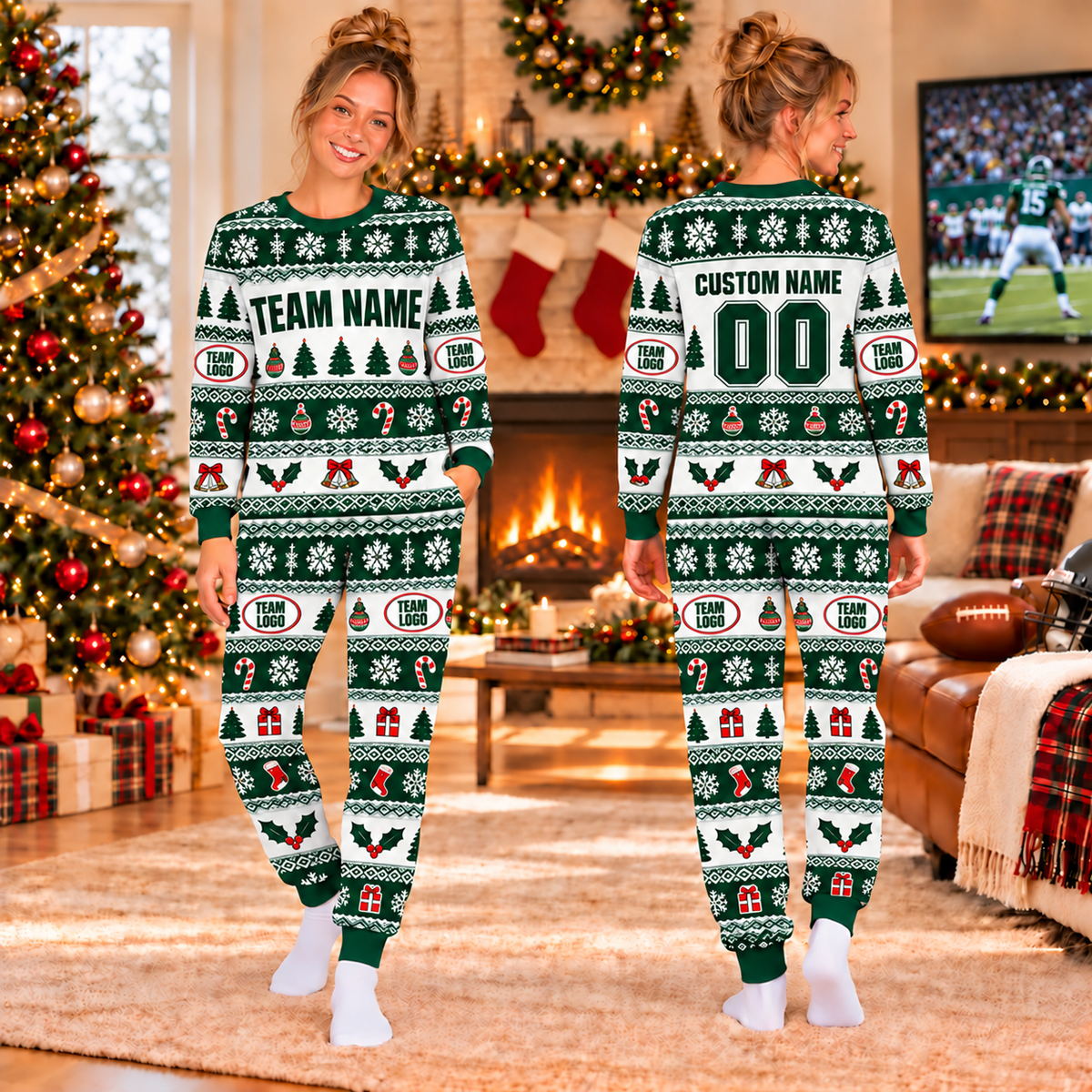 Custom Football Jersey Christmas Pajamas, Matching Team Holiday Sleepwear