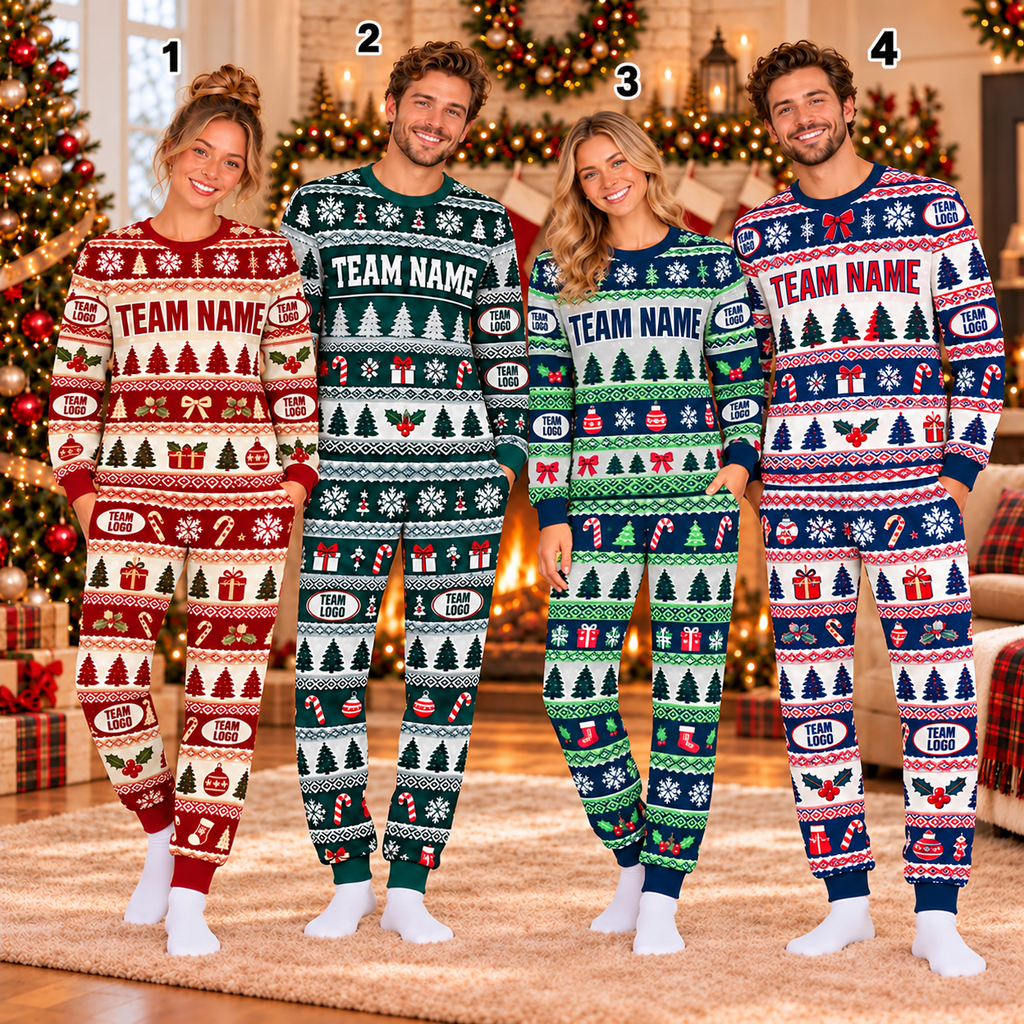 Custom Team Logo Ugly Christmas Pajama Set, Matching Family Holiday Sleepwear