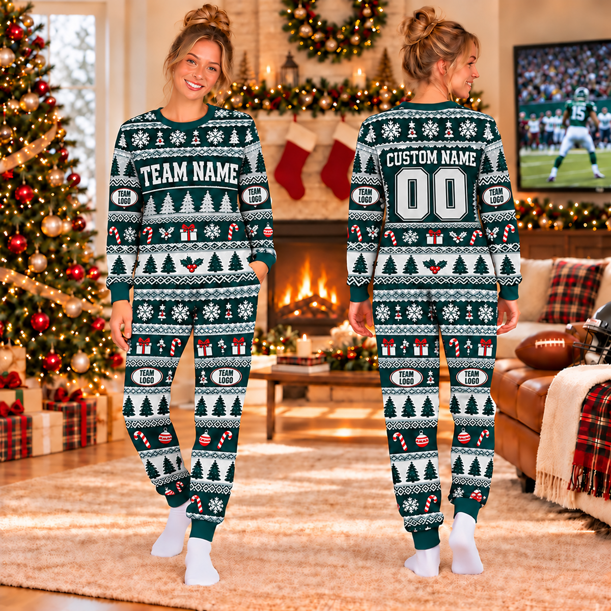 Custom Team Logo Ugly Christmas Pajama Set, Matching Family Holiday Sleepwear