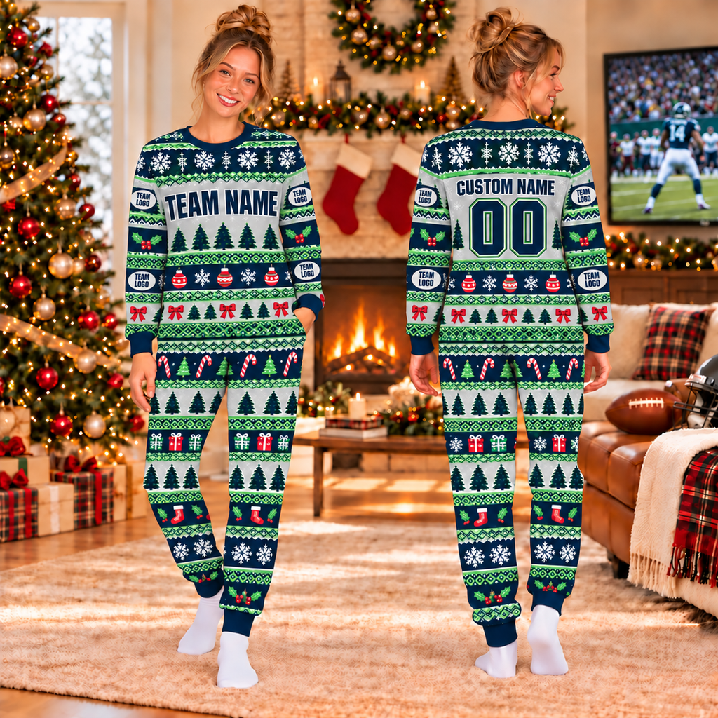 Custom Team Logo Ugly Christmas Pajama Set, Matching Family Holiday Sleepwear