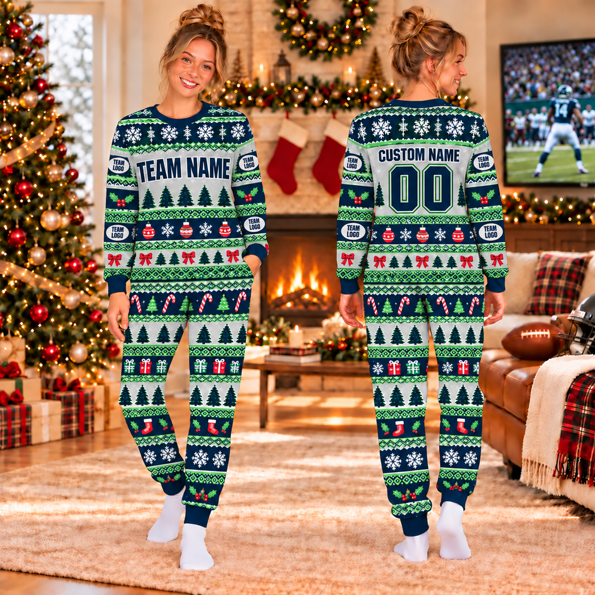 Custom Team Logo Ugly Christmas Pajama Set, Matching Family Holiday Sleepwear