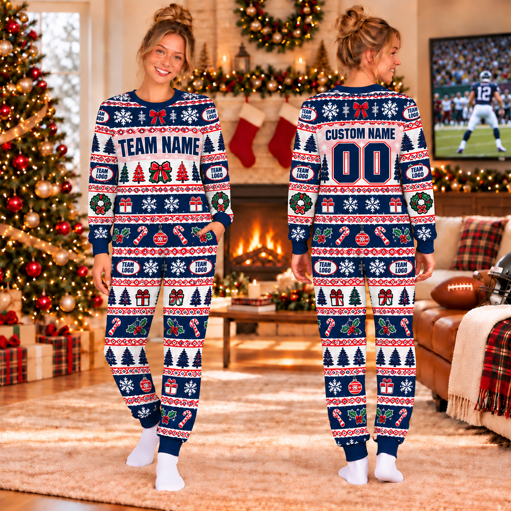 Custom Team Logo Ugly Christmas Pajama Set, Matching Family Holiday Sleepwear