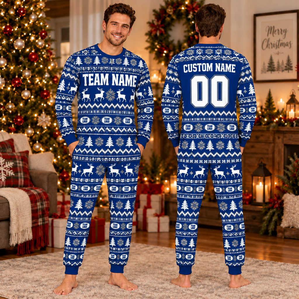 Personalized Football Christmas Pajamas, Custom Team Name and Mascot Logo, Holiday Lounge Set