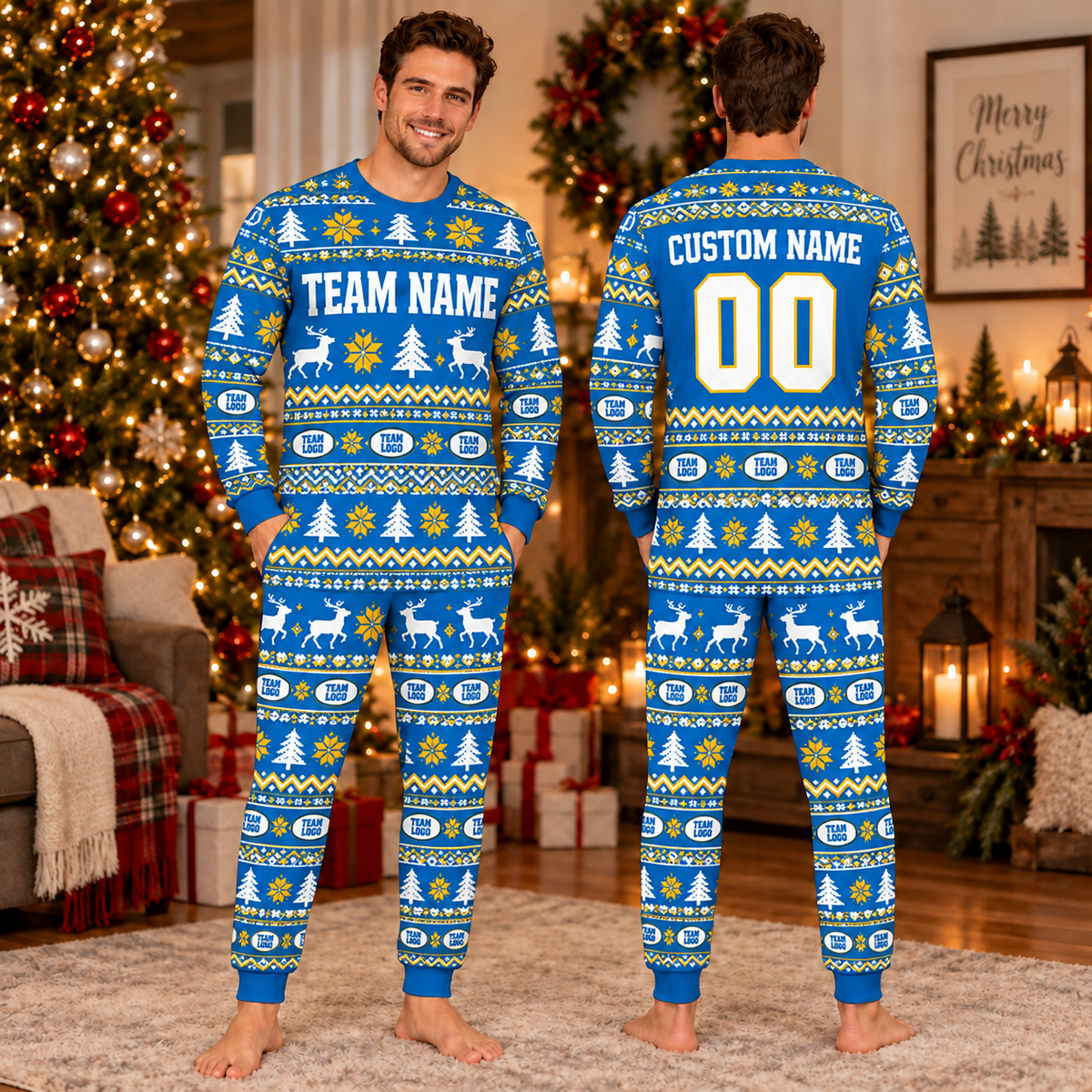 Personalized Team Jersey Christmas Pajamas, Fair Isle Sleepwear for Fans