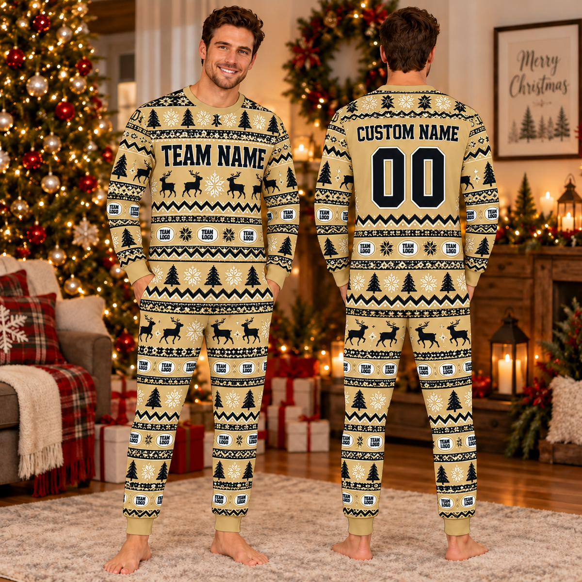 Custom Team Logo Christmas Pajamas, Mascot Reindeer Sleepwear Set