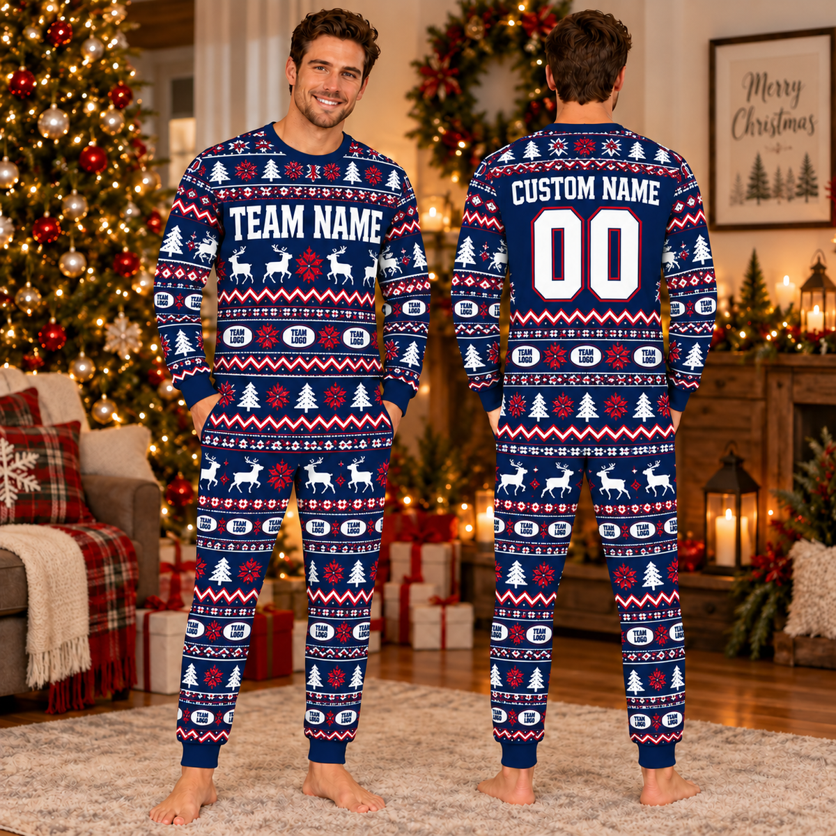 Personalized School Spirit Holiday Pajamas, custom sports fan gift, Mascot Reindeer Sleepwear Set