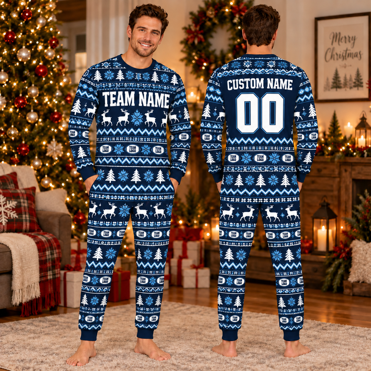 Personalized Mascot Holiday Pajamas, Custom Logo Team Spirit Set