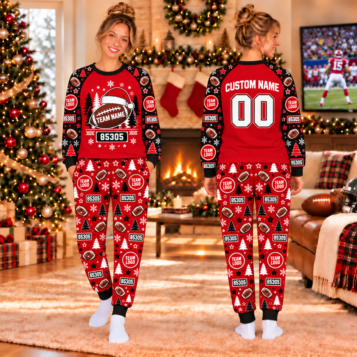 Custom football christmas pajamas, personalized santa hat sleepwear, game day holiday lounge set