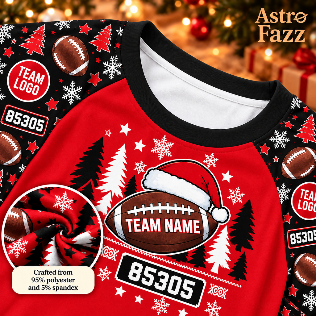Custom football christmas pajamas, personalized santa hat sleepwear, game day holiday lounge set